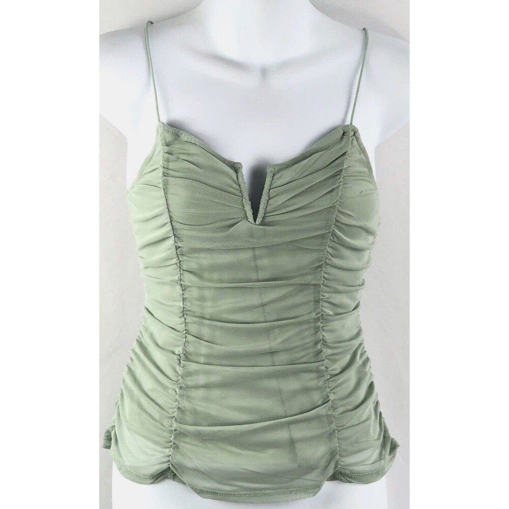 Nwt Sleeveless Draped Mesh cami tank top m green cutout v-neck ruched Y2K 90s